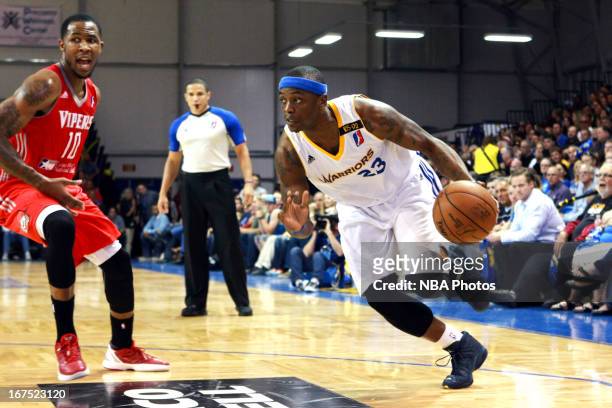 Maurice Baker of the Santa Cruz Warriors drives against Chris Johnson of the Rio Grande Valley Vipers during Game One of the D-League Championship on...