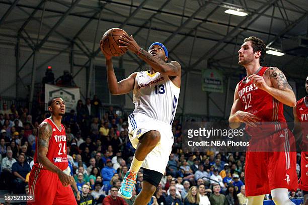 Stefhon Hannah of the Santa Cruz Warriors drives to the basket against Tim Ohlbrecht of the Rio Grande Valley Vipers during Game One of the D-League...