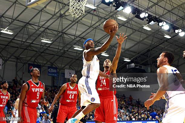 Stefhon Hannah of the Santa Cruz Warriors attempts a reverse layup against Glen Rice of the Rio Grande Valley Vipers during Game One of the D-League...