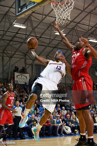 Stefhon Hannah of the Santa Cruz Warriors drives to the basket against Chris Daniels of the Rio Grande Valley Vipers during Game One of the D-League...