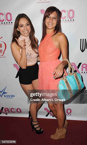Adult film stars Sara Luvv and Vicki Chase arrive for the 29th Annual XRCO Awards held at SupperClub Los Angeles on April 25, 2013 in Hollywood,...