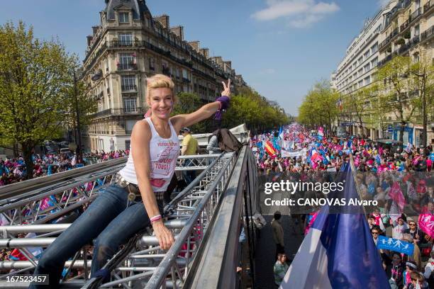 Frigide Barjot spokeswoman of the movement against the gay marriage during the march La Manif pour Tous against the project of law of the government...