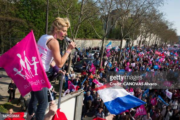 Frigide Barjot spokeswoman of the movement against the gay marriage speaks during the march La Manif pour Tous against the project of law of the...