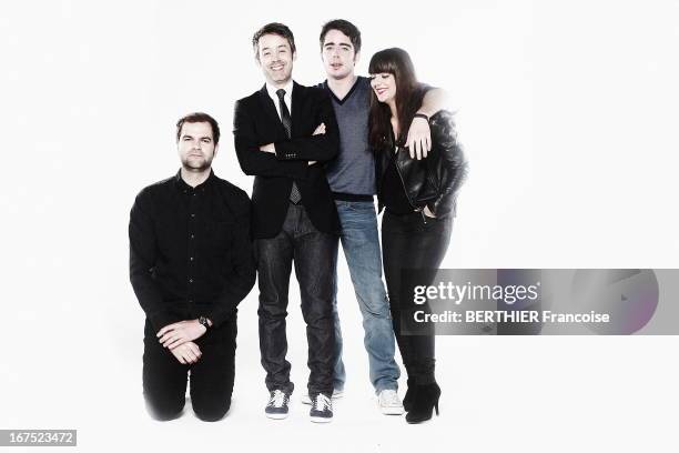 Presenter Yann Barthe poses with his team Eric Metzeger, Quentin Margot, Marie Bousquet on April 10, 2013 in Paris, France.