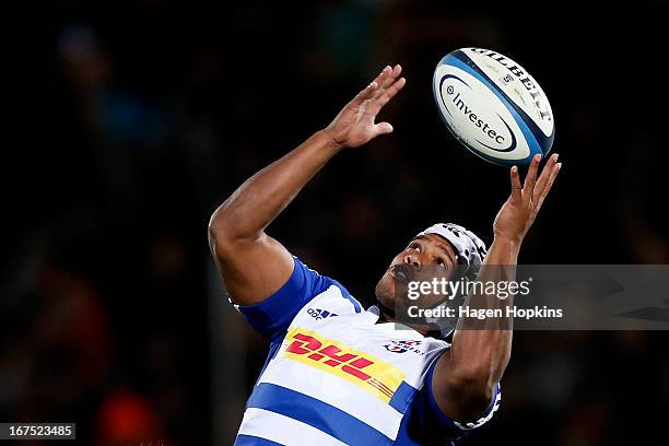 Nizaam Carr of the Stormers wins a lineout ball during the round 11 Super Rugby match between the Hurricanes and the Stormers at FMG Stadium on April...