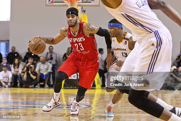 Kennedy of the Rio Grande Valley Vipers drives against Stefhon Hannah of the Santa Cruz Warriors during Game One of the D-League Championship on...