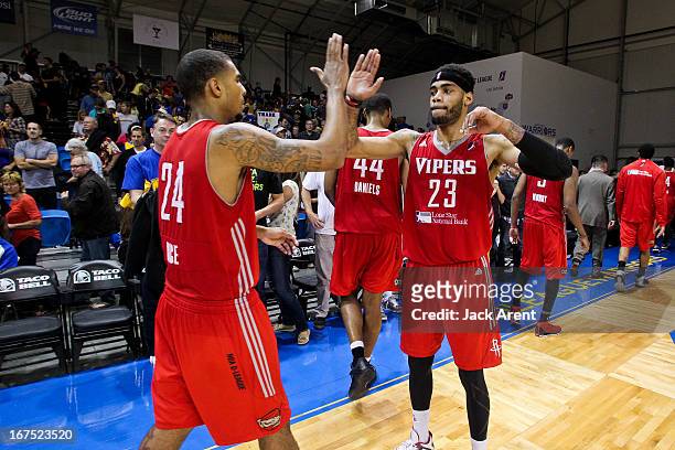 Glen Rice and D.J. Kennedy of the Rio Grande Valley Vipers celebrate after playing the Santa Cruz Warriors during Game One of the D-League...