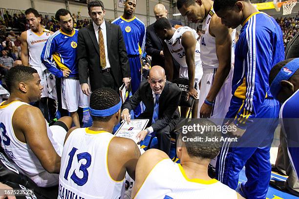 Head Coach Nate Bjorkgren of the Santa Cruz Warriors speaks with his team while playing the Rio Grande Valley Vipers during Game One of the D-League...