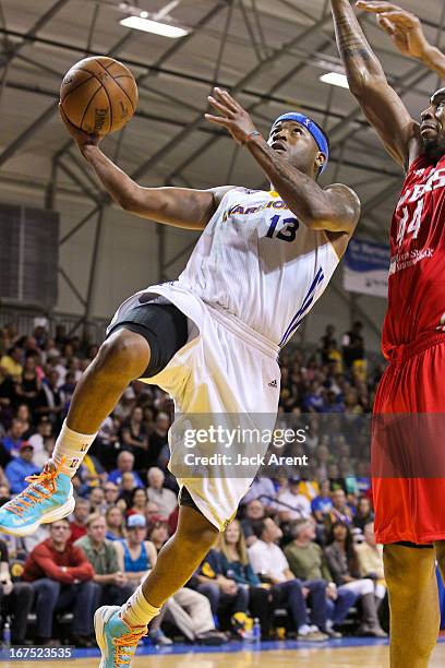 Stefhon Hannah of the Santa Cruz Warriors drives to the basket against Chris Daniels of the Rio Grande Valley Vipers during Game One of the D-League...