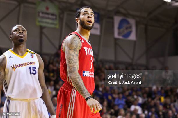 Tyler Honeycutt of the Rio Grande Valley Vipers and Travis Leslie of the Santa Cruz Warriorslook on while playing during Game One of the D-League...