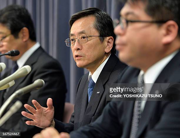 Japan's All Nippon Airways president Osamu Shinobe speaks at a press conference in Tokyo on April 26, 2013. Japanese aviation regulators gave a...