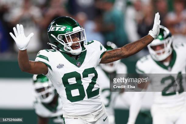 Wide receiver Xavier Gipson of the New York Jets reacts after scoring the game winning touchdown on a 65-yard punt return during the overtime quarter...