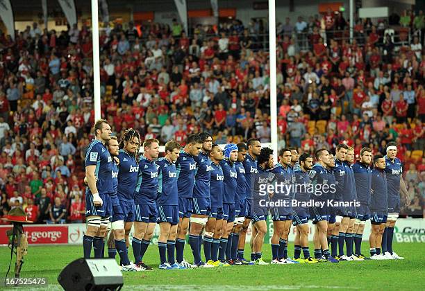 Blues players embrace for the last post before the round 11 Super Rugby match between the Reds and the Blues at Suncorp Stadium on April 26, 2013 in...