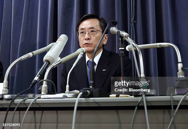 Osamu Shinobe, president and chief executive officer of All Nippon Airways Co. , speaks during a news conference at the Ministry of Land,...