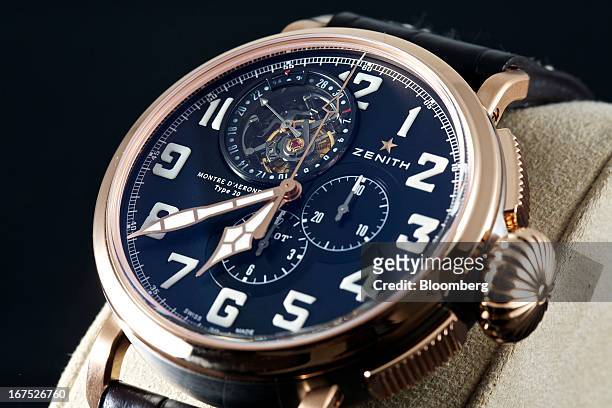 Pilot Tourbillon 48mm wristwatch, manufactured by Zenith, a watchmaking unit of LVMH Moet Hennessy Louis Vuitton SA , is seen during the Baselworld...