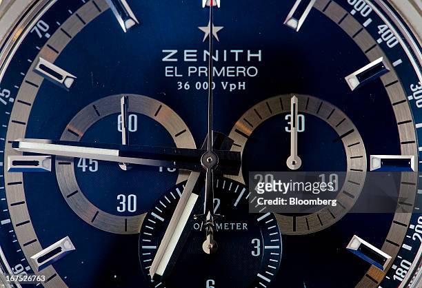 The chronograph dials on the face of an El Primero 36000 VpH wristwatch, manufactured by Zenith, a watchmaking unit of LVMH Moet Hennessy Louis...