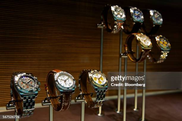 Chronomat 41 wristwatches, manufactured by Breitling SA, are displayed on stands at the company's booth during the Baselworld watch fair in Basel,...
