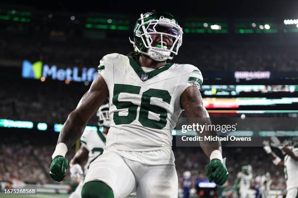 Quincy Williams of the New York Jets reacts after defending against a pass from the Buffalo Bills during a game at MetLife Stadium on September 11,...