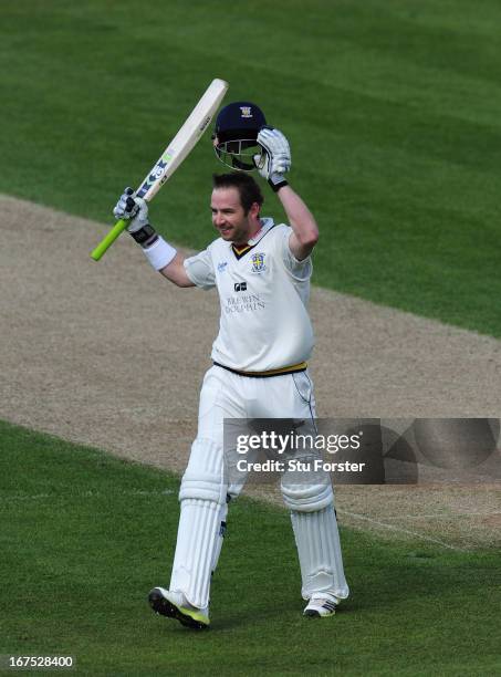 Durham batsman Mark Stoneman celebrates after reaching his century during day three of the LV County Championship division One match between Durham...