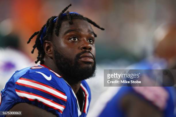 Shaq Lawson of the Buffalo Bills looks on from the bench during the third quarter of the NFL game at MetLife Stadium on September 11, 2023 in East...