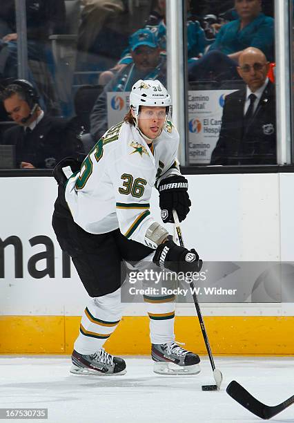 Philip Larsen of the Dallas Stars skates with control of the puck against the San Jose Sharks at the HP Pavilion on April 23, 2013 in San Jose,...