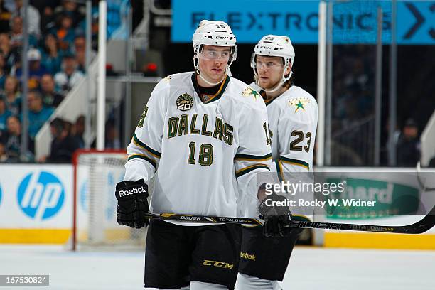 Reilly Smith and Tom Wandell of the Dallas Stars in a game against the San Jose Sharks at the HP Pavilion on April 23, 2013 in San Jose, California....
