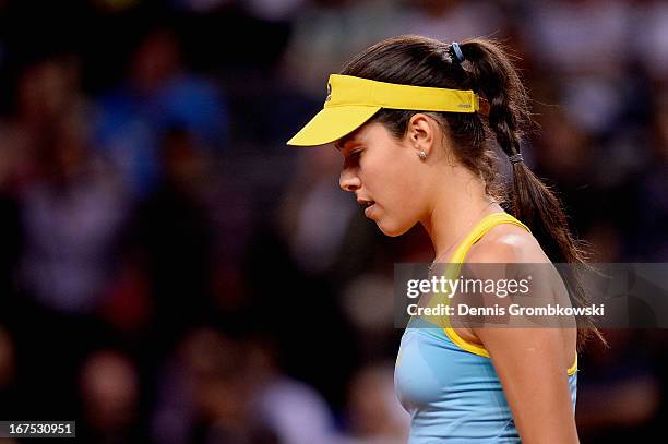 Ana Ivanovic of Serbia reacts during her match against Maria Sharapova of Russia during Day 5 of the Porsche Tennis Grand Prix at Porsche-Arena on...