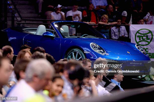 The Porsche Tennis Grand Prix prize, a Porsche 911 Carrera 4S, is seen during Day 5 of the Porsche Tennis Grand Prix at Porsche-Arena on April 26,...