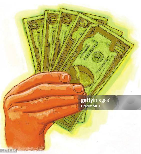 X 7 in / 164x178 mm USA Keith Simmons color illustration of a hand holding dollar bills.