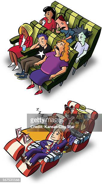 Col. X 15.5 inches/220x394 mm/749x1339 pixels Neil Nakahodo color illustration of airline passengers seated in coach and first class.
