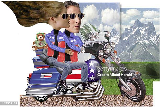 Col. X 7.25 inches/276x184 mm/940x626 pixels Philip Brooker color illustration of a stylish young couple riding a red, white and blue motorcyle past...