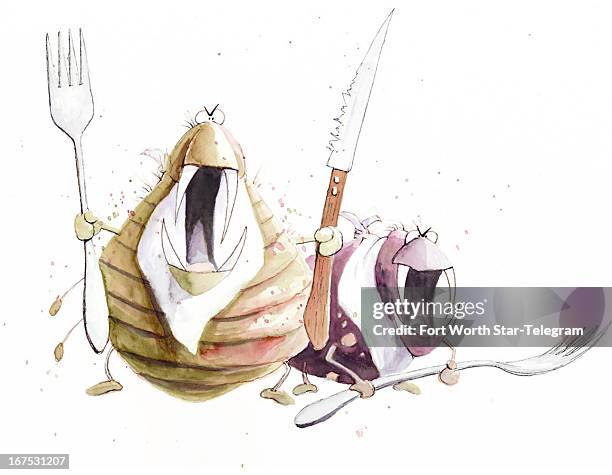 . X 5 inches/164x127 mm/558x432 pixels Mark Hoffer color illustration of a ferocious flea and tick ready to eat with bibs, forks and knives.