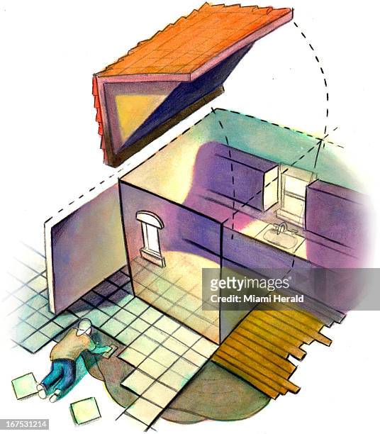 Col. X 10"/219 x 254mm Earl F. Lam III color illustration of a cutaway of a kitchen floorplan with worker laying tile flooring.