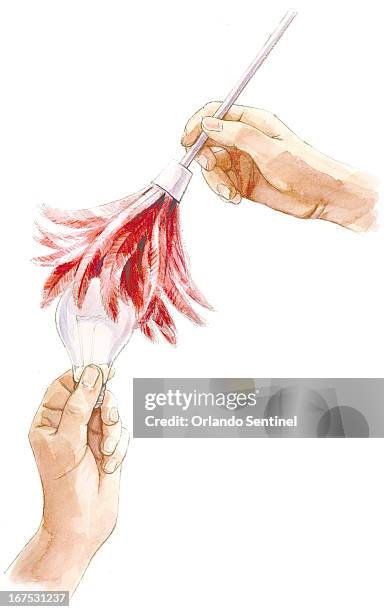 Col. X 13.75 inches/220x349 mm/749x1188 pixels Ingrid Pecca color illustration of hands dusting a lightbulb with a feather duster. For use with...