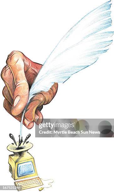 . X 10.75"/164 x 273mm Jason H. Whitley color illustration of a hand dipping a feather pen into a computer inkwell; representing the demise of...