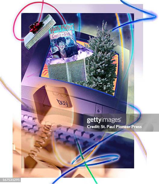 Col x 10 in / 220x254 mm / 749x864 pixels Staff color illustration shows computer monitor with a presents and a Christmas tree jumping out of the...