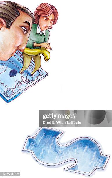 33p x 52p Brent Castillo color illustration of a husband and wife preparing to dive into a dollar-shaped swimming pool from a dollar bill diving...