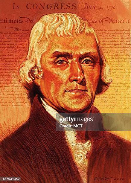 X 9 in / 164x229 mm / 558x778 pixels Keith Simmons color illustration of Thomas Jefferson with the Declaration of Independence in the background. For...