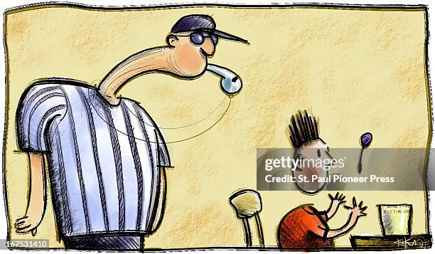 . X 3.75"/164 x 95mm Kirk Lyttle color illustration of a coach, or referee, blowing a whistle behind a startled boy seated with a jar of peanut...