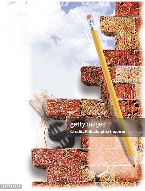 X 8.5 inches/164x216 mm/558x734 pixels Michael G. Cothran color illustration of a brick wall standing between a pencil, representing stock analysts...