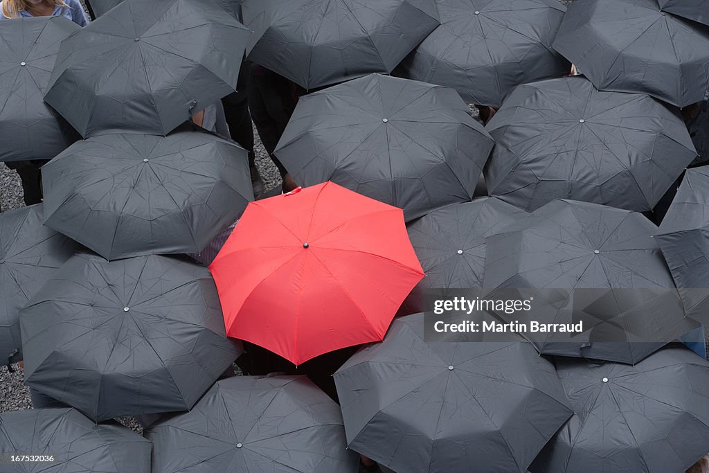 One red umbrella at center of multiple black umbrellas