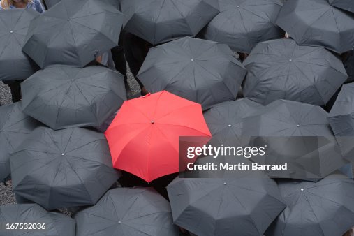 One red umbrella at center of multiple black umbrellas One red umbrella at center of multiple black umbrellas