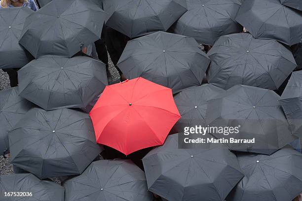 one red umbrella at center of multiple black umbrellas - standing out from the crowd stock pictures, royalty-free photos & images