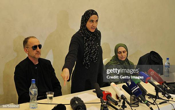 Zubeidat Tsarnaeva , the mother of suspected Boston bombers Tamerlan and Dzhokhar Tsarnayev, speaks to reporters while the father Anzor Tsarnaev and...