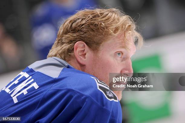 Matt Greene of the Los Angeles Kings warms up prior to the game against the Columbus Blue Jackets at Staples Center on April 18, 2013 in Los Angeles,...