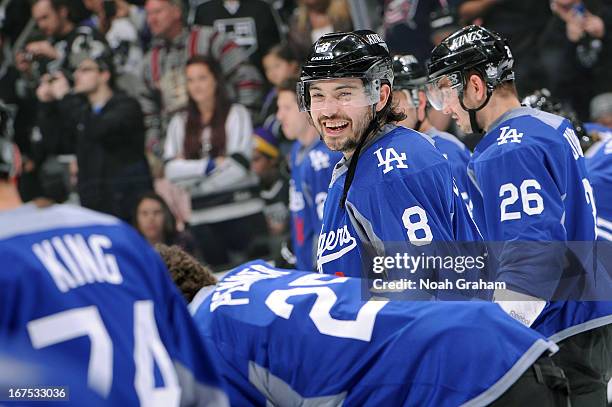 Drew Doughty of the Los Angeles Kings warms up prior to the game against the Columbus Blue Jackets at Staples Center on April 18, 2013 in Los...