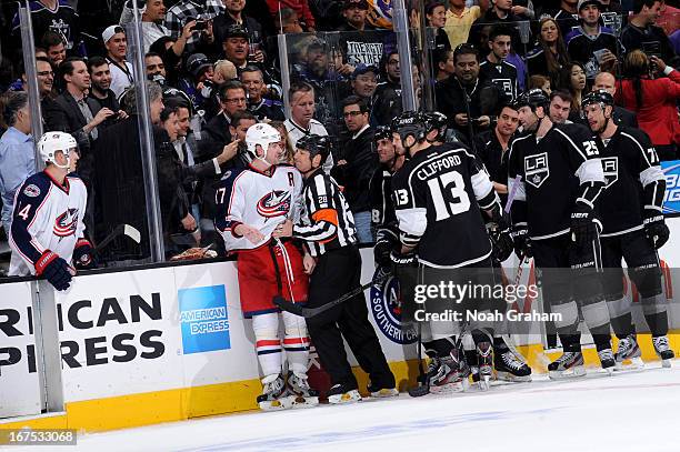 The Los Angeles Kings and the Columbus Blue Jackets are separated at the end of the game at Staples Center on April 18, 2013 in Los Angeles,...