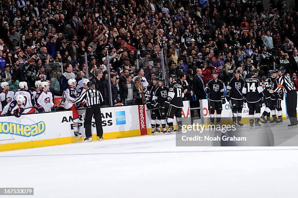 The Los Angeles Kings and the Columbus Blue Jackets are separated at the end of the game at Staples Center on April 18, 2013 in Los Angeles,...