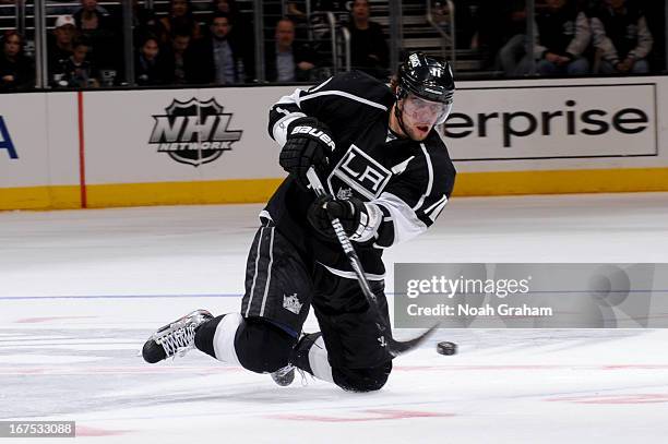 Anze Kopitar of the Los Angeles Kings passes the puck against the Columbus Blue Jackets at Staples Center on April 18, 2013 in Los Angeles,...