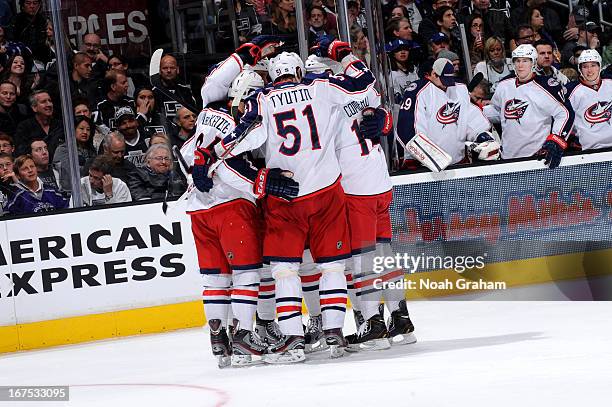 The Columbus Blue Jackets celebrate after a goal against the Los Angeles Kings at Staples Center on April 18, 2013 in Los Angeles, California.